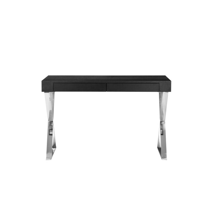 Rix 47 Inch Office Desk, Black Wood Top, 2 Drawers, X Polished Steel Legs - Benzara