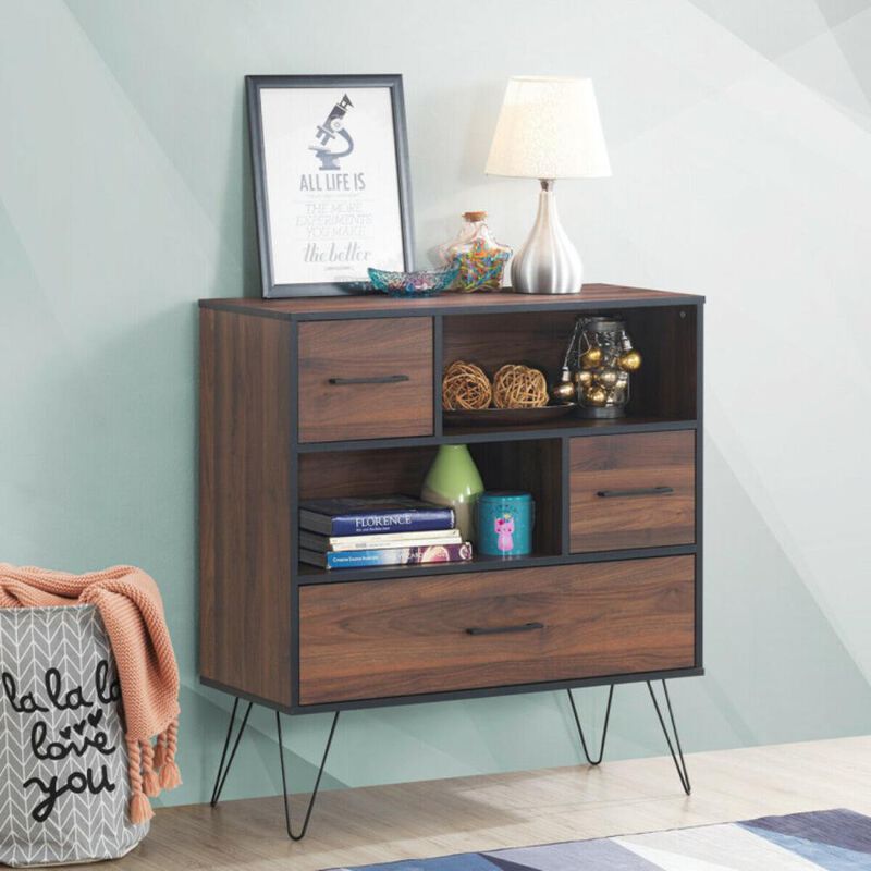 Hivvago 3-Tier Wood Storage Cabinet with Drawers and 4 Metal Legs