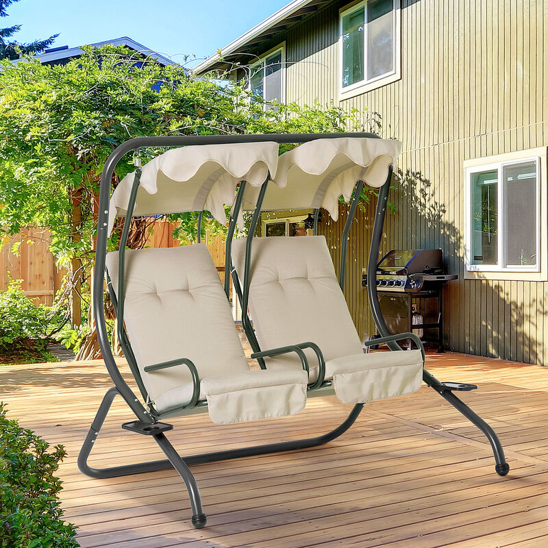 Outsunny Patio Swing Chair with 2 Separate Seats, Outdoor Swing Glider with Removable Canopy and Cup Holders, for Porch, Garden, Poolside, Backyard, Beige