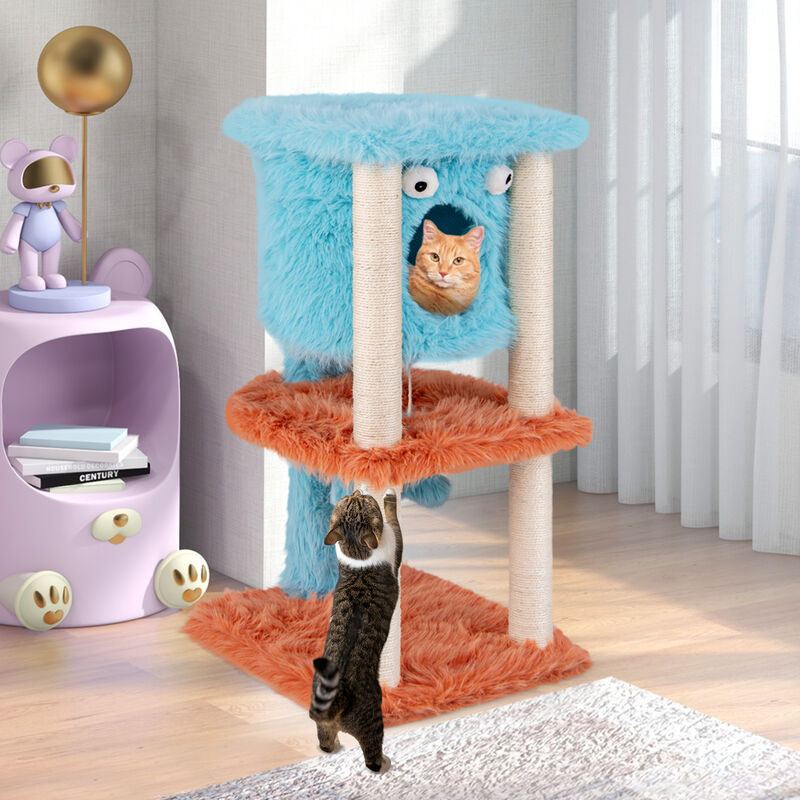 Cute Monster-Themed Cat Tower with Private Condo, Soft Long Plush & Scratching Posts