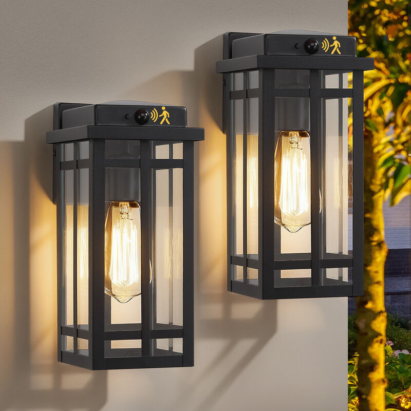 2-Pack 12 in. Modern Black Motion Sensor Outdoor Wall Lanterns with Clear Glass image number 1