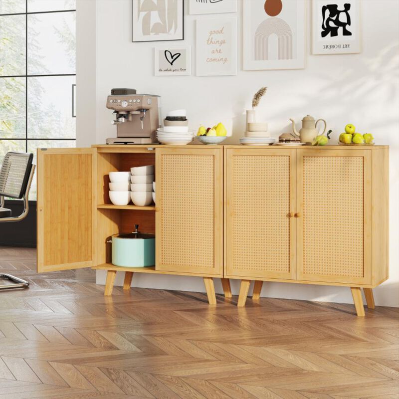 Hivvago Bamboo Buffet Storage Cabinet with PE Rattan Doors and Freestanding Kitchen Cupboard