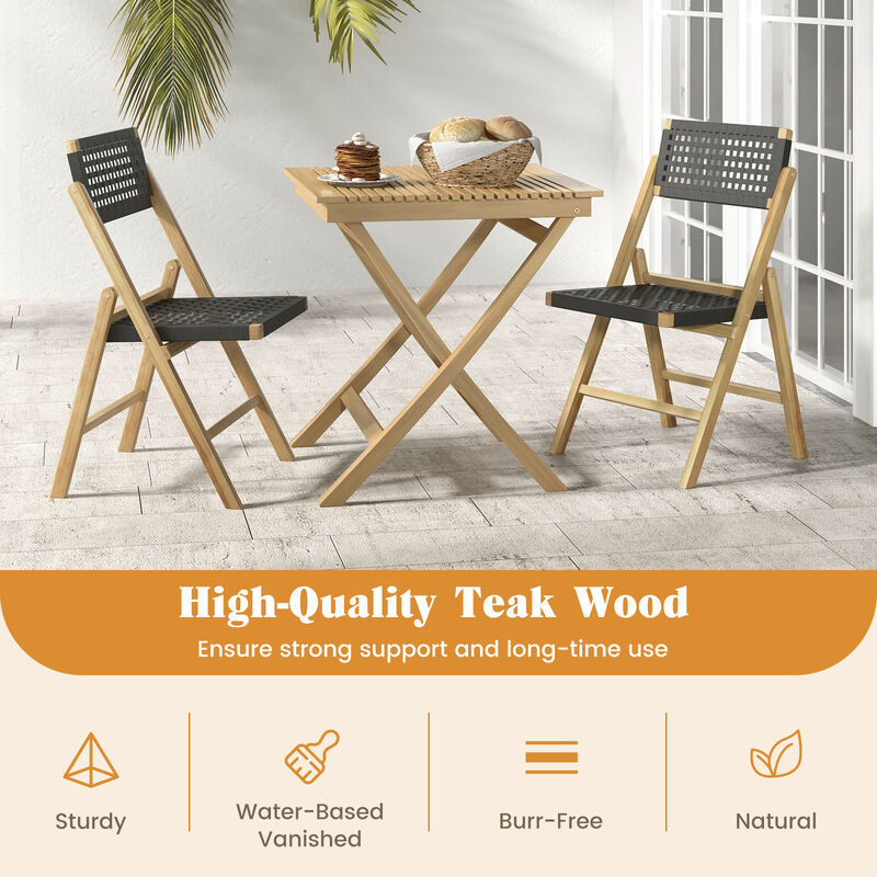 Set of 2 Folding Chairs Teak Wood Dining Chairs with Woven Rope Seat and Back