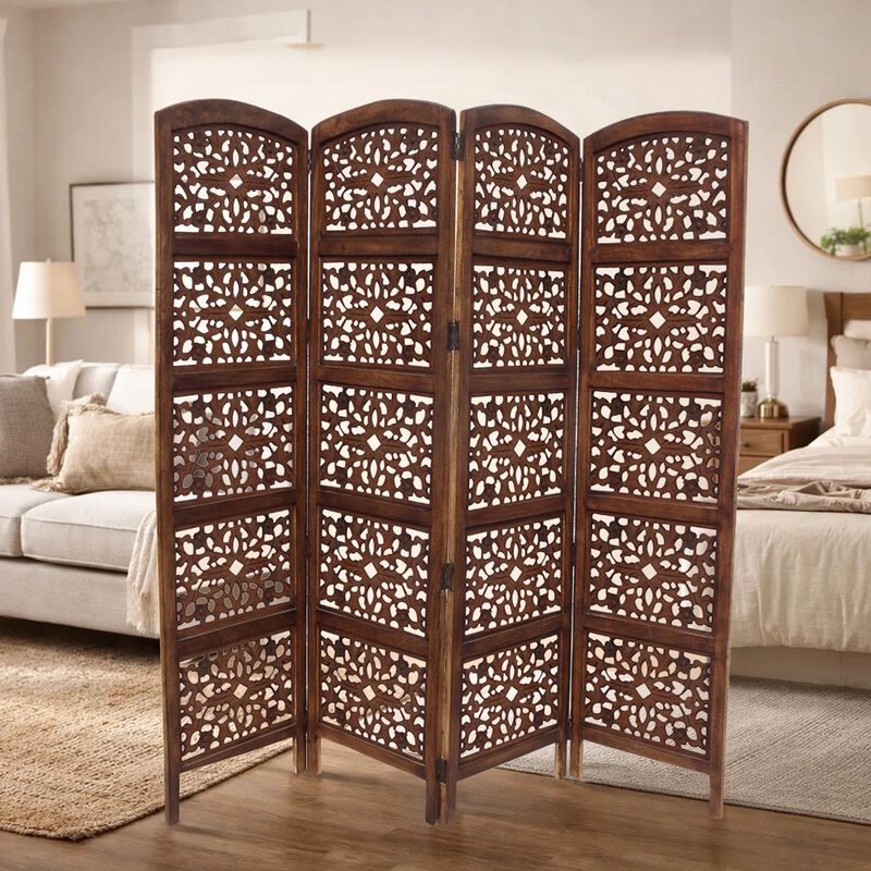 The Urban Port Handmade Foldable 4 Panel Wooden Partition Screen Room Divider, Brown image number 1
