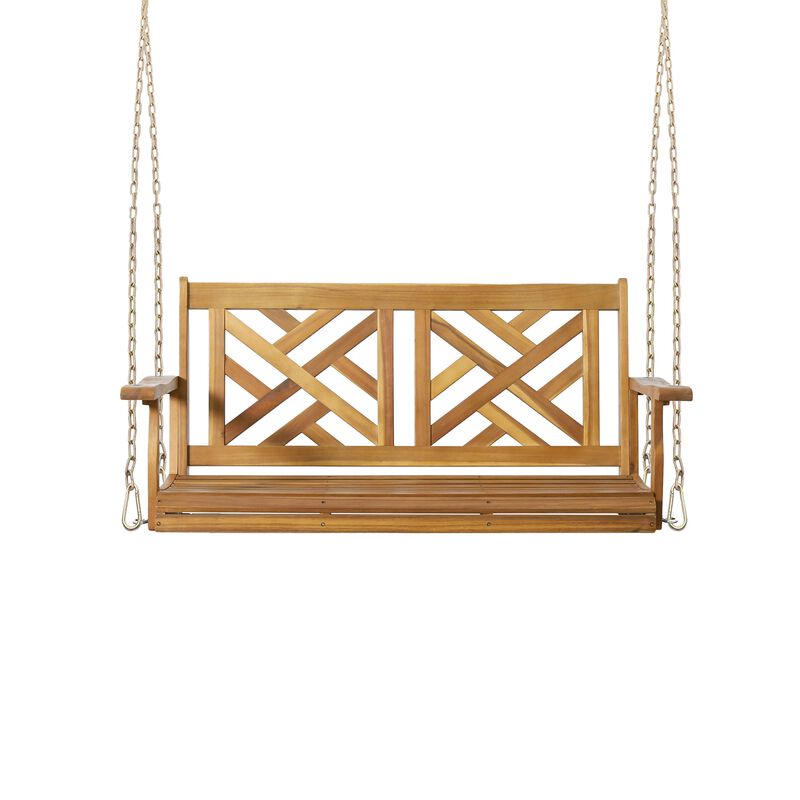 Annah Porch Swing Bench w Chains, Herringbone Teak Brown Acacia Wood