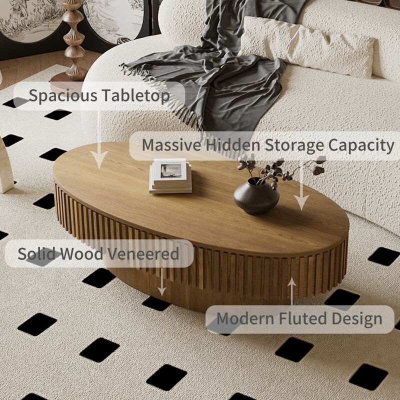 Oval coffee table with storage Solid wood veneer and MDF modern coffee table with fluted base Accent tea coffee table for living room image number 6