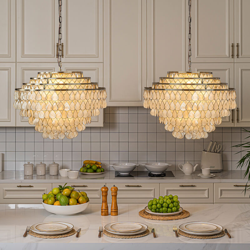 7-Light 24'' Mid-Century Modern Coastal Aged Bronze 4-Tier Natural Capiz Shell Chandelier Vintage Glam Pendant Light For Dining Room Living Room or Foyer image number 3