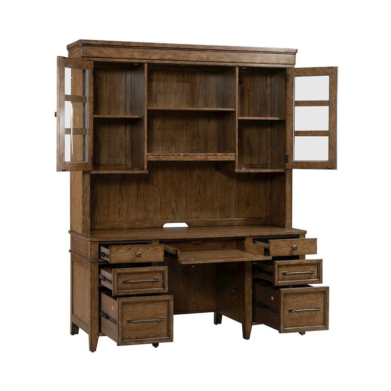 Liberty Furniture Credenza & Hutch with LED Light, Keyboard Tray - Amber Brown Oak Wood image number 3
