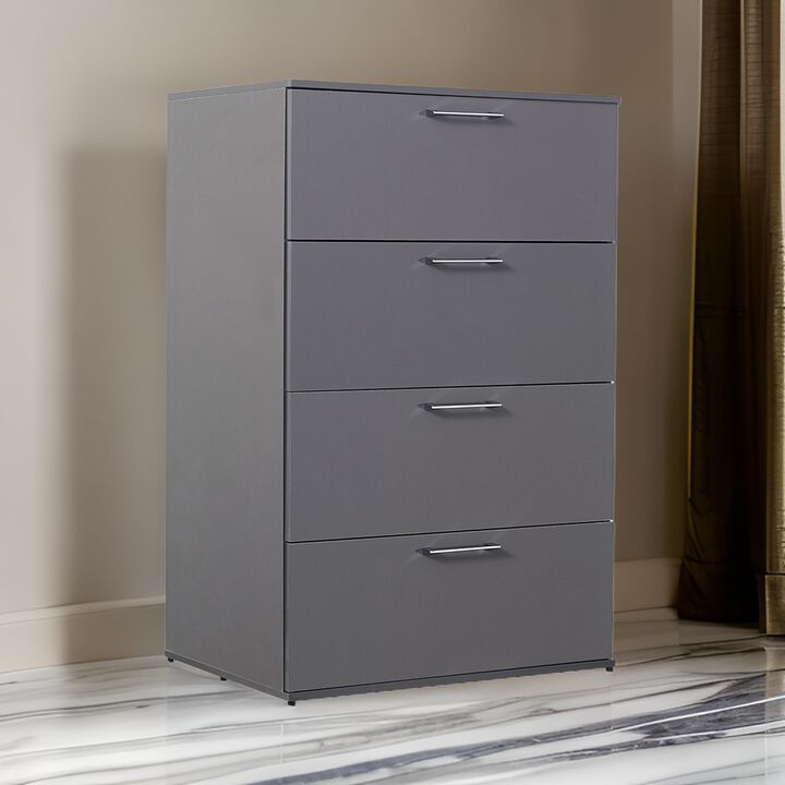 Eli  48 Inch Tall Dresser Chest, 4 Big Storage Drawers, Glossy Gray Finish - Benzara