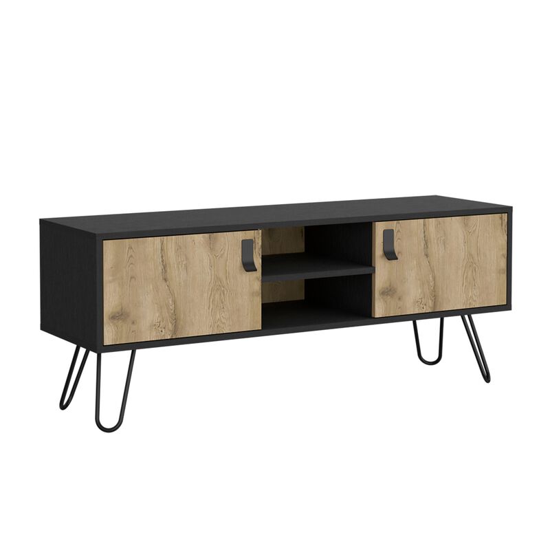 Huna Hairpin Legs TV Rack, Dual-Tone with 2 Doors and Open Shelves-Black / Macadamia