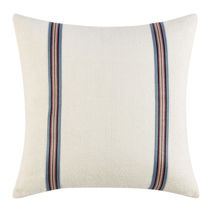 Throw Pillow, 22 Inch Polyester Tape Design, White Cotton Linen Blend - Benzara