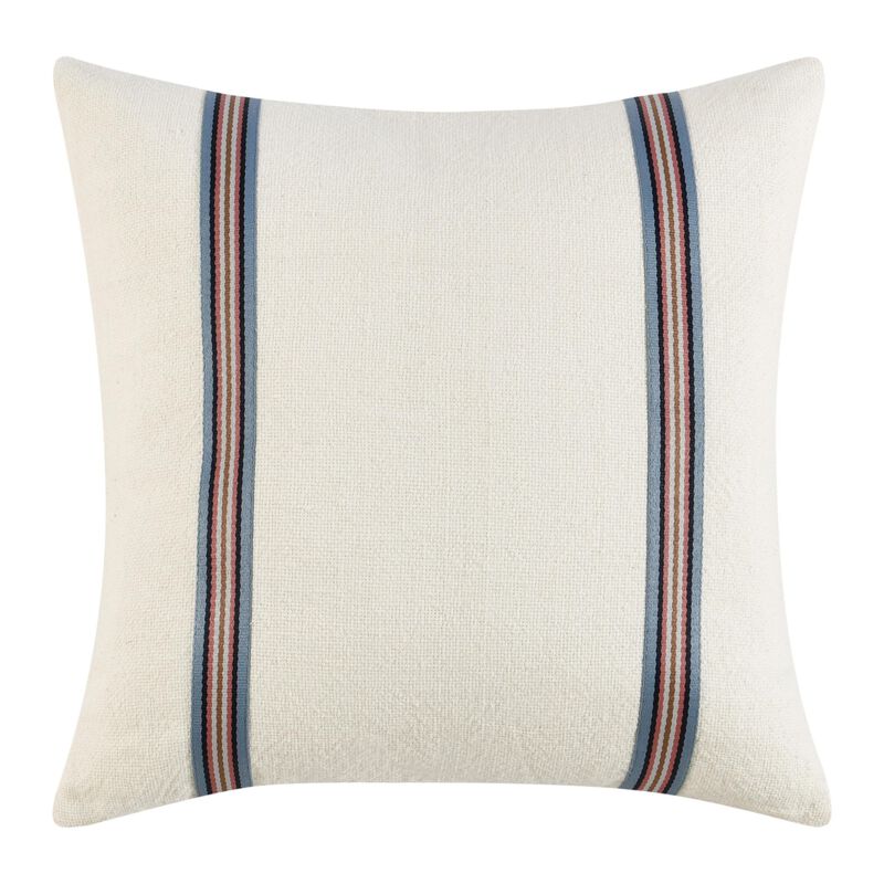 Throw Pillow, 22 Inch Polyester Tape Design, White Cotton Linen Blend - Benzara