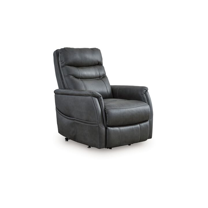 Barrett Power Lift Recliner Chair, Dark Gray Faux Leather, Pillow Back - Benzara
