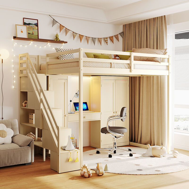 Merax Full Size Loft Bed with Staircase, Dressing Table, Wardrobe, 3-Tier Cabinet image number 2