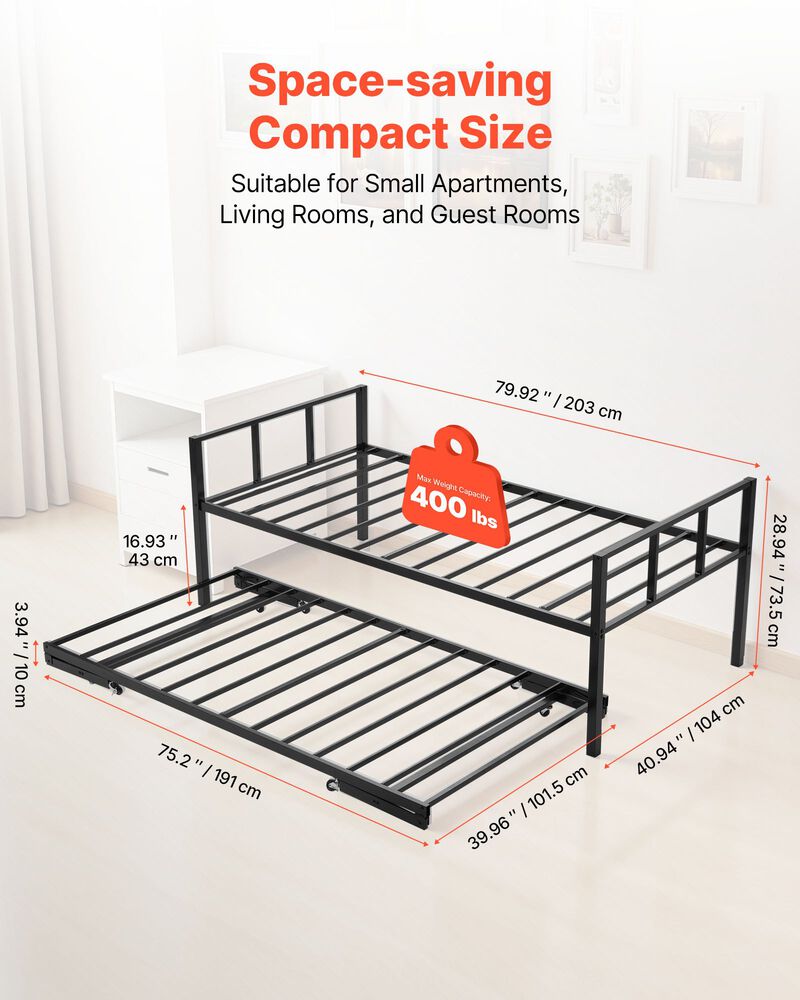Space-Saving Metal Daybed Frame with Trundle Bed and Slats