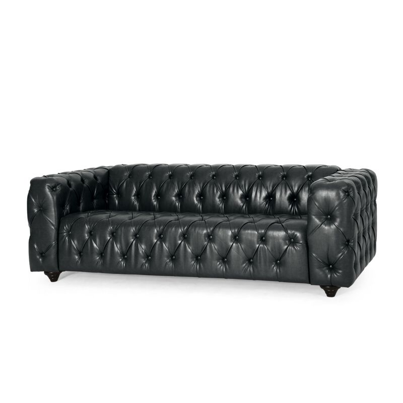 Arlo Sofa, Chesterfield Tufted Black Faux Leather Upholstery