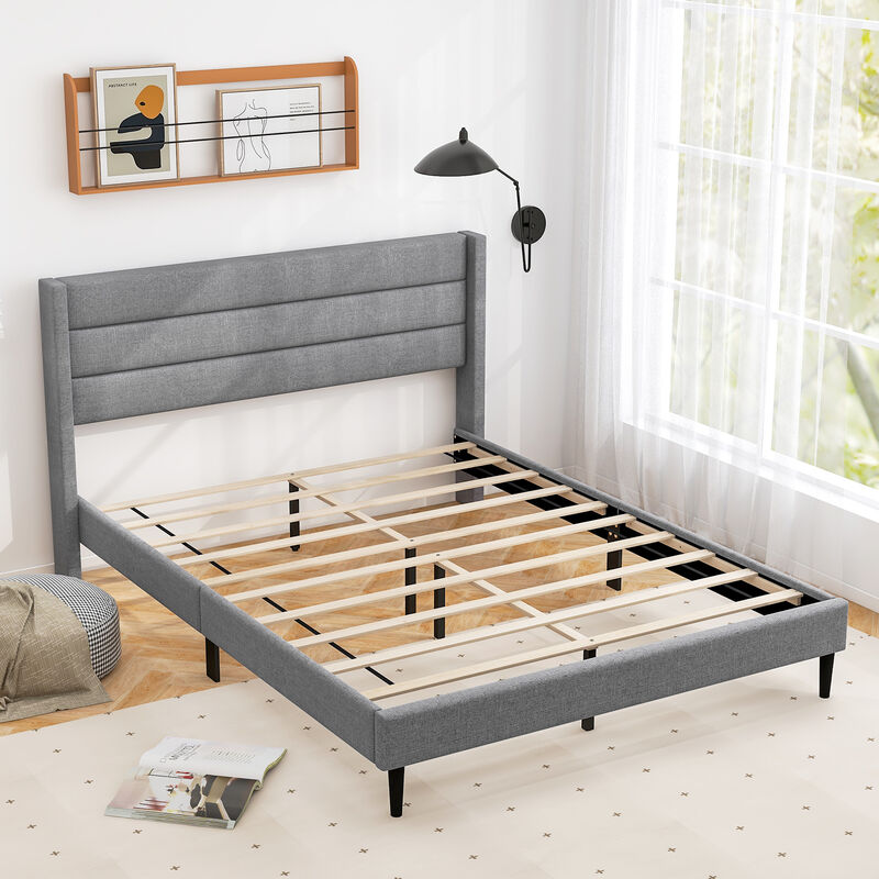 Wingback Upholstered Platform Bed – Linen Headboard with Slatted Base for Modern Bedrooms