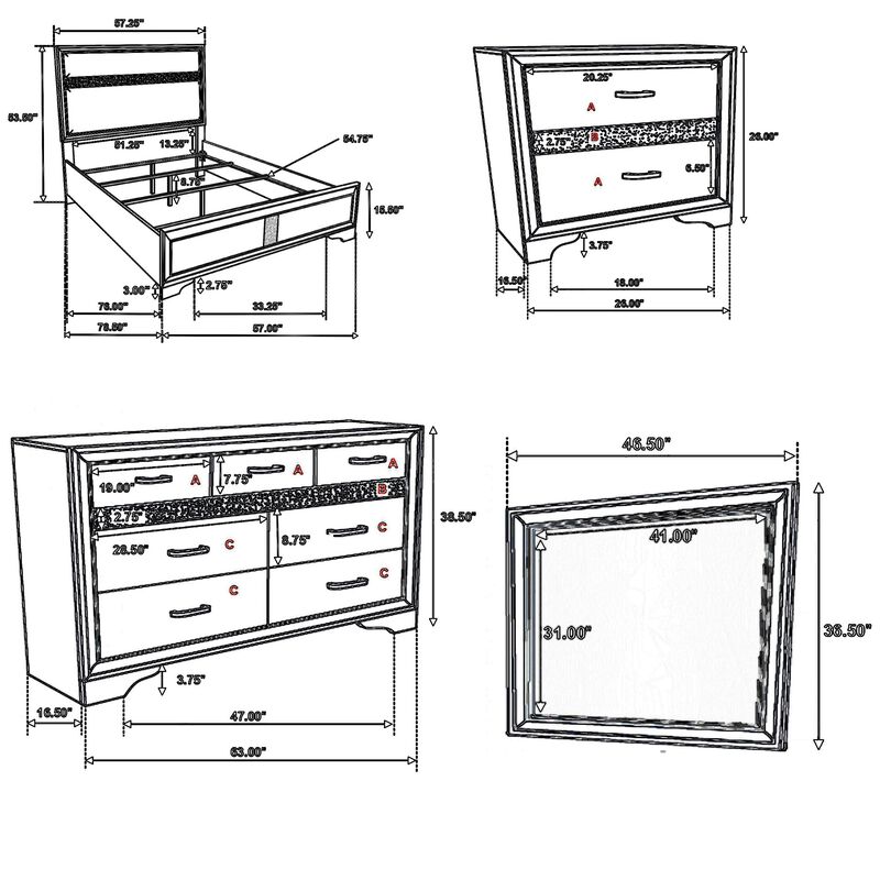 Vino 4pc Full Bedroom Set, Black Upholstery, Glitter Striped Dresser image number 5