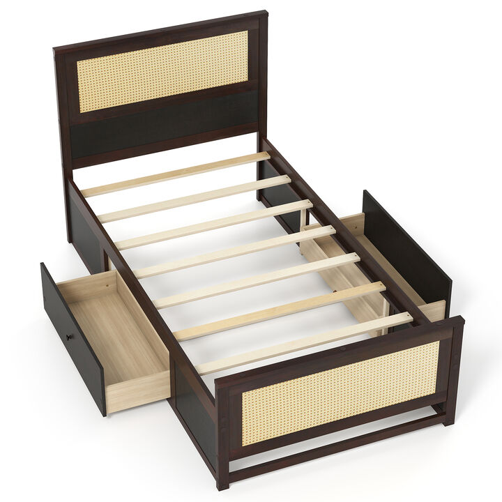 Twin Size Bed Frame with Rattan Headboard and Storage Drawers
