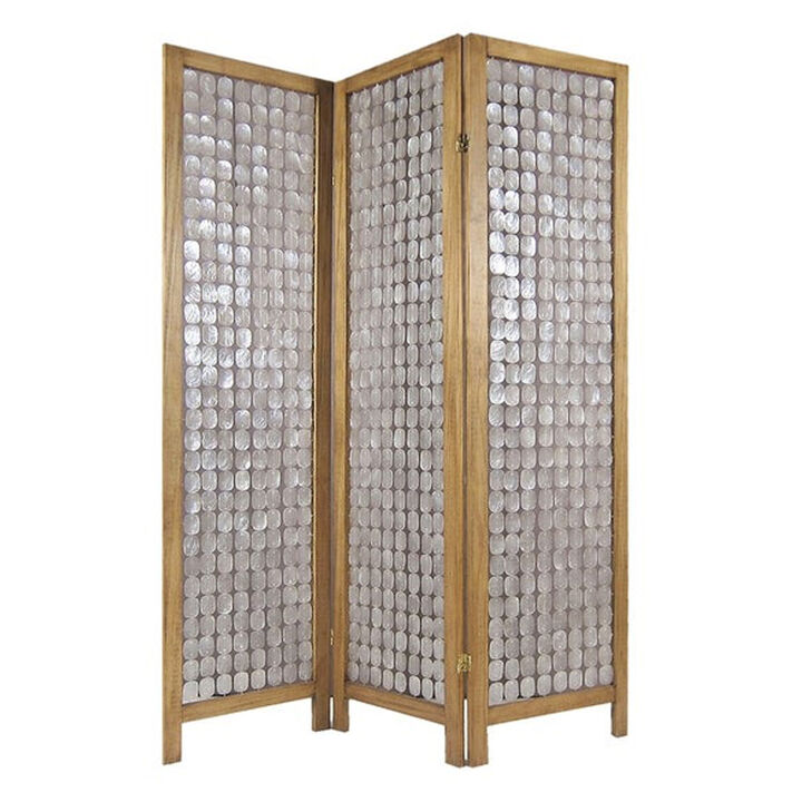 3 Panel Wooden Screen with Pearl Motif Accent, Brown and Silver - Benzara