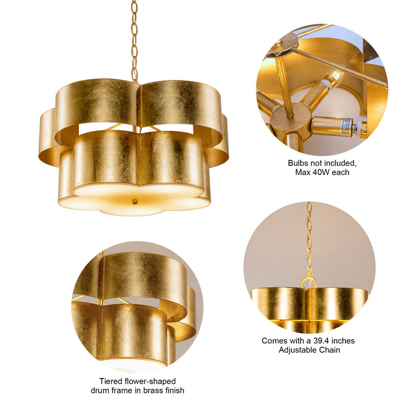 19.7 in. 5-Light 2-Tier Antique Gold Drum Flower Chandelier