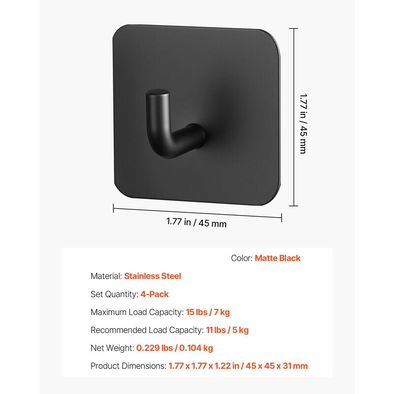 4 Pack Self Adhesive Wall Hooks Heavy Duty for Bathroom Kitchen Towel Coat-Matte Black image number 2