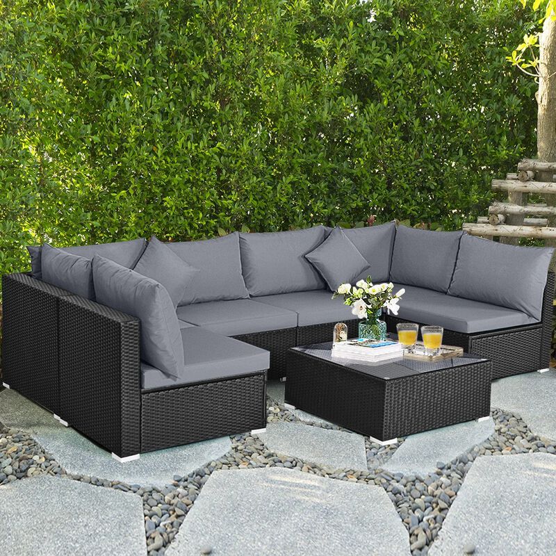 Mondawe 7 Pieces Sectional Wicker Furniture Sofa Set with Tempered Glass Top Coffee Table