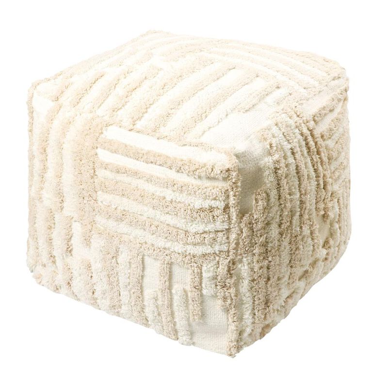 Hivvago 18 Inch Beige Cotton Cube Striped Pouf Ottoman