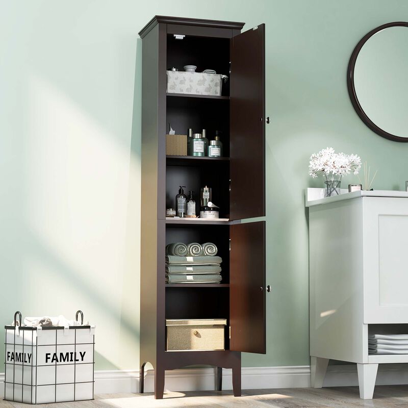 Costway Tall Bathroom Floor Cabinet Narrow Linen Tower with 2 Doors & Adjustable Shelf Grey