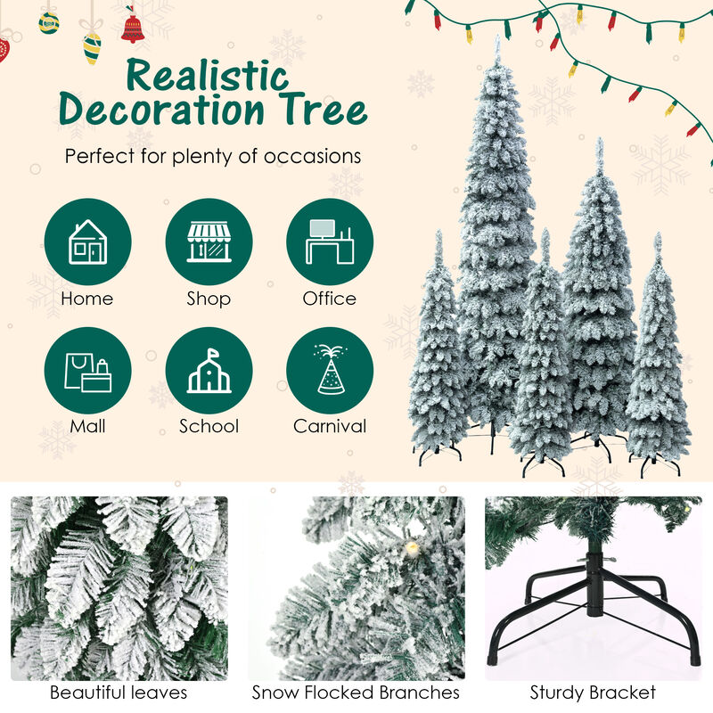 Whisen 8FT, 6FT, 4FT x 3 Pre-Lit Pencil Christmas Trees, 5-set Slim Artificial Christmas Tree With Snow Flocking, Xmas Holiday Decoration Tree, 1820 Branch Tips, 350 LED Lights image number 8