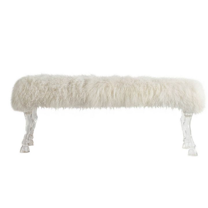 49 Inch Modern Accent Bench, Faux Fur Upholstered, Hooved Legs, All White - Benzara