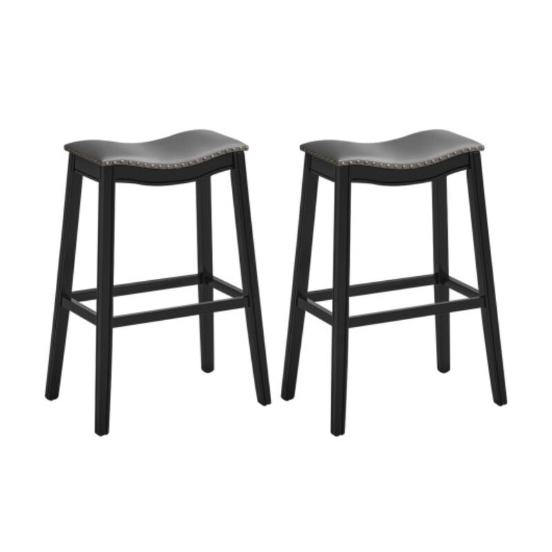 Set of 2 Backless Wood Nailhead Barstools with PVC Leather Seat image number 1