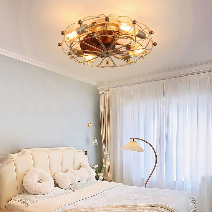 20" Gold Low Profile Caged Ceiling Fan with Lights & Remote &ndash; Industrial Flush Mount Fan