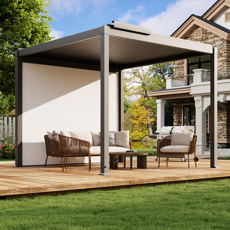 Mondawe 10 ft. x 10 ft. Gray Aluminum Louvered Pergola with LED Lights, Remote Control and Electric Projector Screen image number 1
