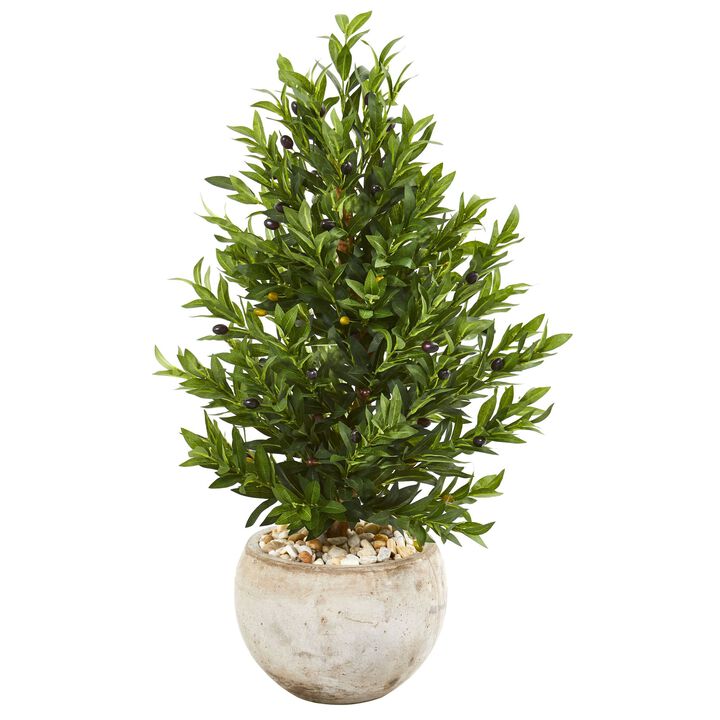 HomPlanti 3 Feet Olive Cone Topiary Artificial Tree in Sand Stone Planter UV Resistant (Indoor/Outdoor)