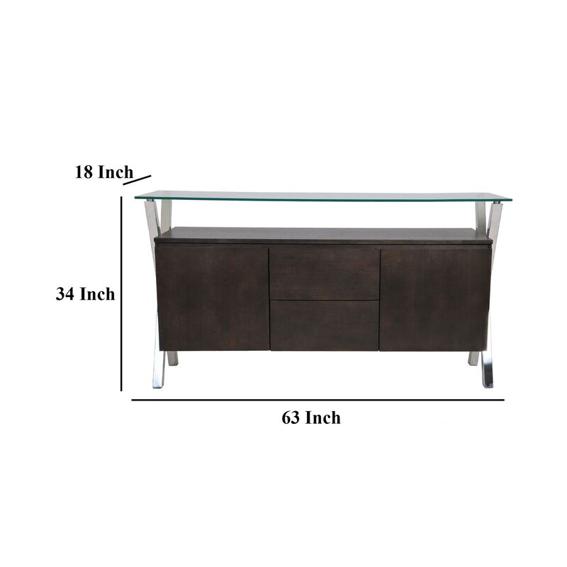 Tia Sideboard Buffet Console, 2 Doors, Chrome and Glass, Brown 63 Inch - Benzara
