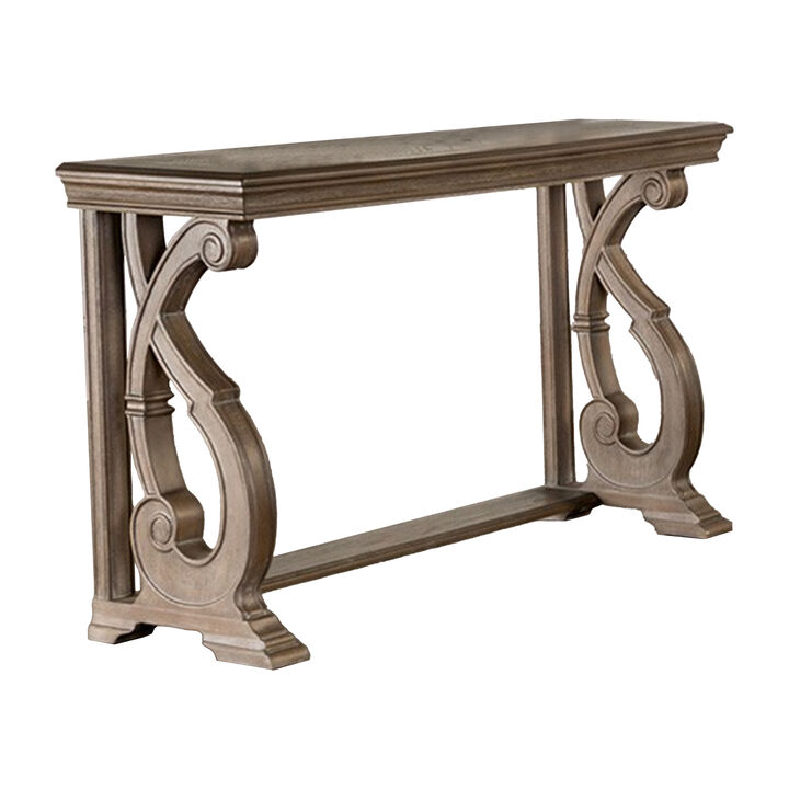 Gia Sofa Table, 50 Inch Rectangular, Carved Details, Brown Solid Wood