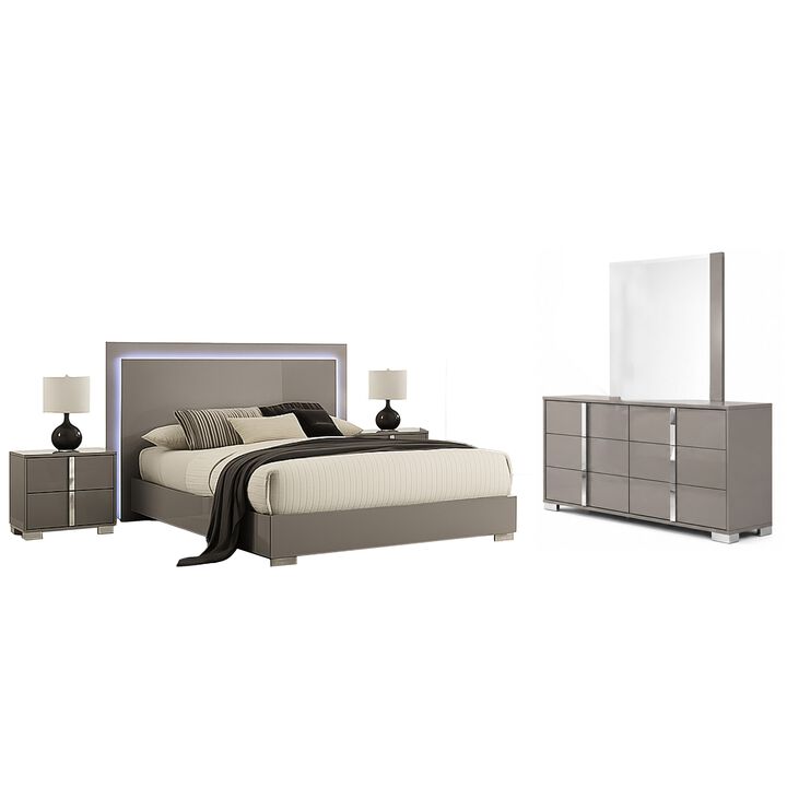 Suni 5pc Queen Bedroom Set w LED Headboard, Light Taupe Gray, 2 Nightstand