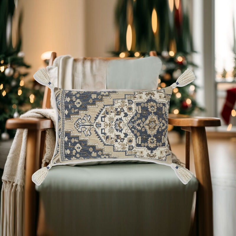 Zony 14 x 22 Lumbar Accent Pillow Set of 4, Boho Tassels, Medallion, Ivory - Benzara