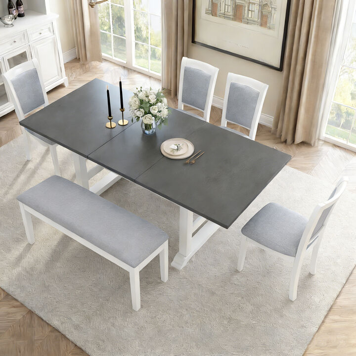 Merax 6-Piece Updated 76.9inch Extendable Trestle Dining Table Set with Removable Leaf Dining Sets