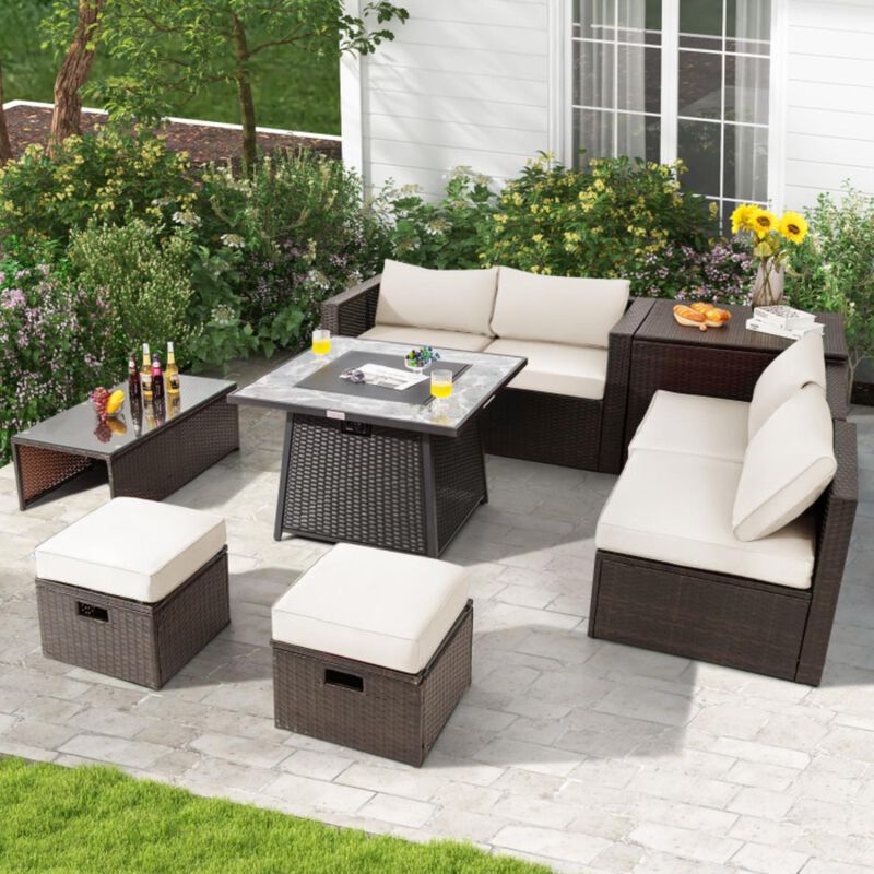 Hivvago 9 Pieces Patio PE Wicker Sectional Set with 50000 BTU Fire Pit Table