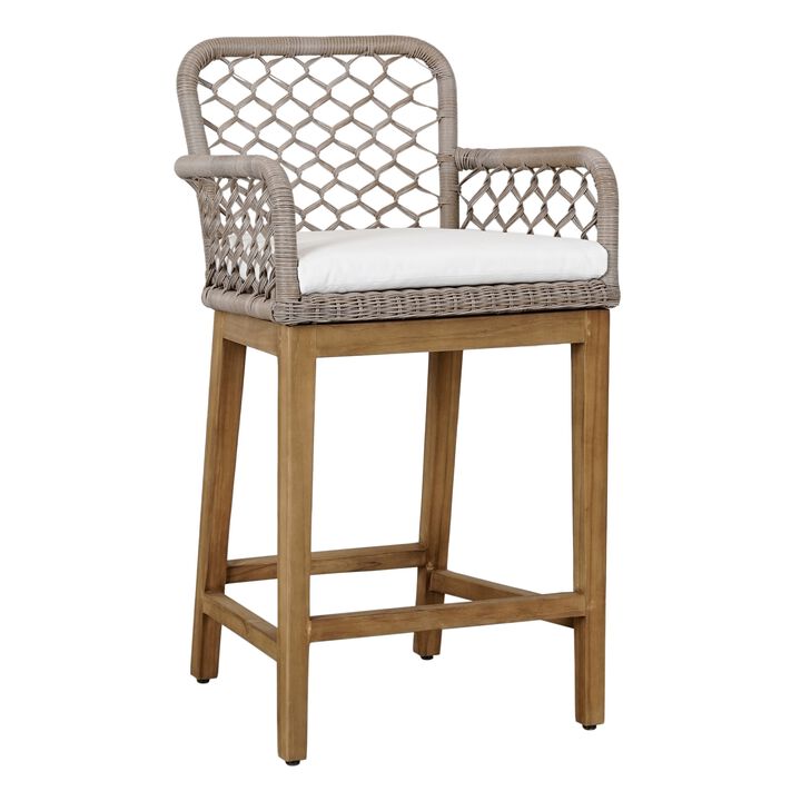 Aok 27 Inch Outdoor Counter Stool Chair, Gray Woven Rope, Curved, Brown Teak - Benzara