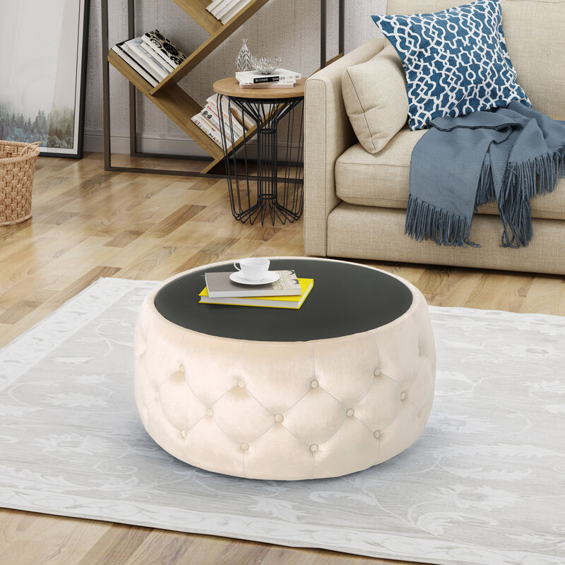 Streamdale Modern Glam Velvet Ottoman with Button-Tufted Stitch and Glass Top image number 2