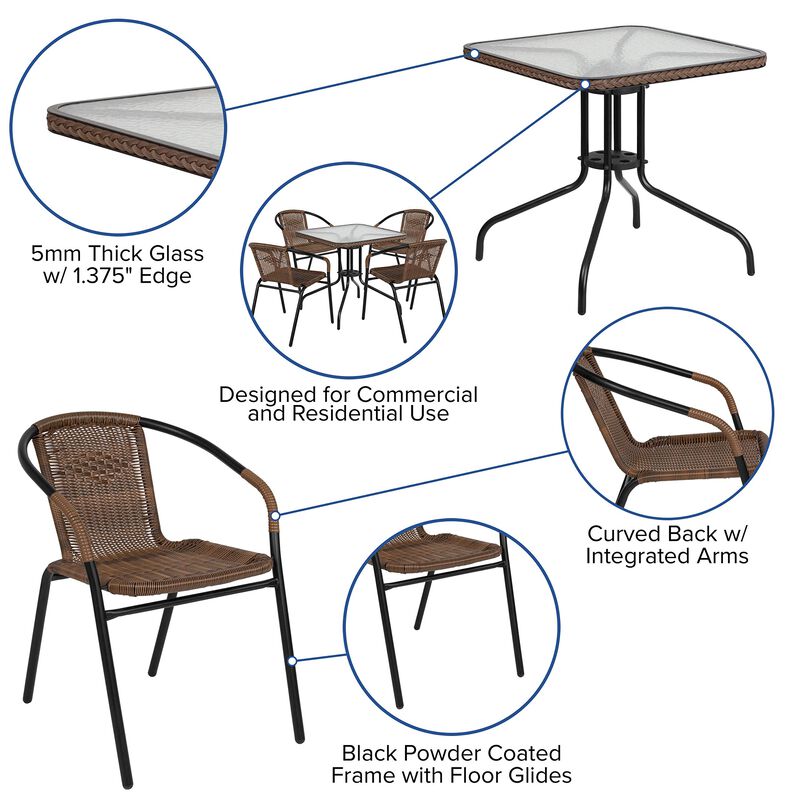 Flash Furniture Lila 28'' Square Glass Metal Table with Dark Brown Rattan Edging and 4 Dark Brown Rattan Stack Chairs