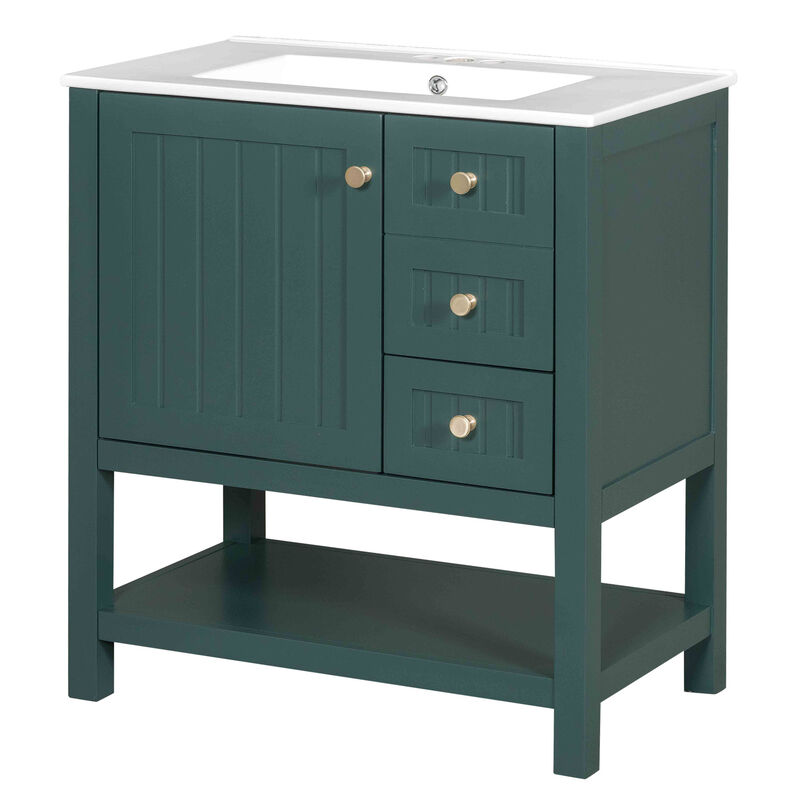 Whisen 30 in. Bathroom Storage Cabinet Bathroom Vanity with Ceramic Sink and 3 Drawers