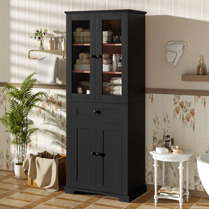 Whisen 67.2" Tall Bathroom Storage Cabinet with Tempered Glass Doors, Adjustable Shelves & Drawer