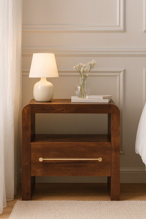 Artisan Furniture Solid Wood Tiger Oak Open Bedside with Brass Handle, 1 Drawer, Brown