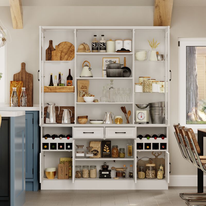 FUFU&GAGA White Display Storage Cabinet with Glass Doors, Adjustable Shelves & Drawers, High-Gloss Finish, Anti-Tip Design (63 in. W x 15.7 in. D x 78.7 in. H), White