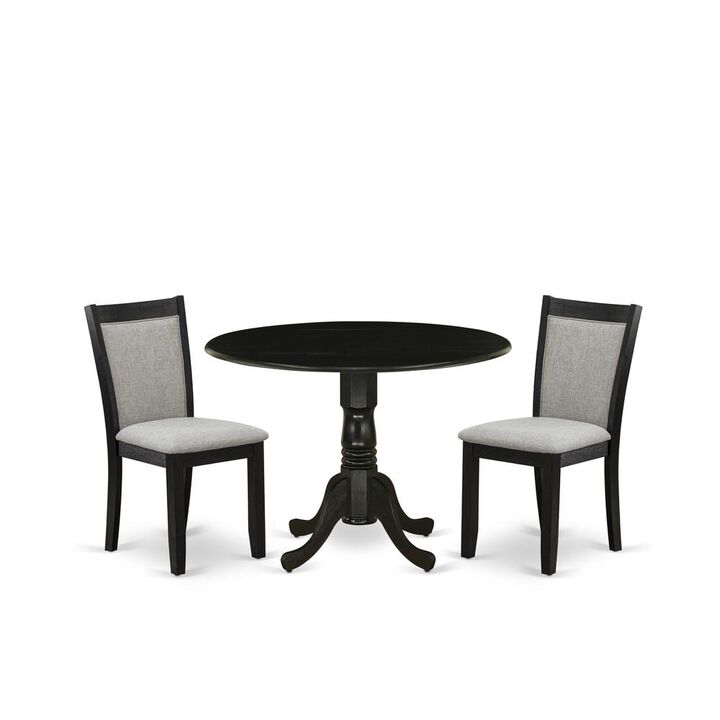 East West Furniture 3-Pc Modern Dining Table Set Consists of a Dining Room Table with Drop Leaves and 2 Shitake Linen Fabric Dining Chairs - Wire Brushed Black Finish