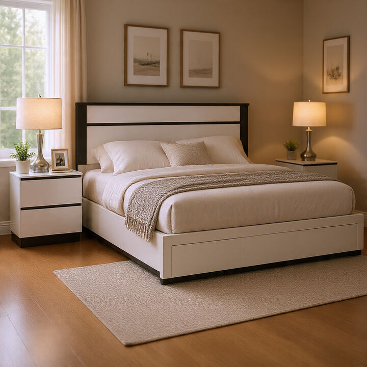 Queen Bedroom Set, White, Metallic Gray Wood, 2 Piece Set with Nightstand